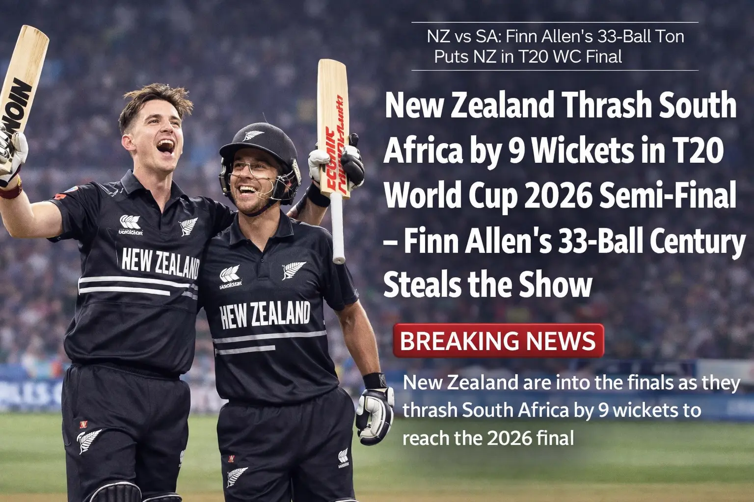 New Zealand Thrash South Africa by 9 Wickets in T20 World Cup 2026 Semi-Final – Finn Allen’s 33-Ball Century Steals the Show