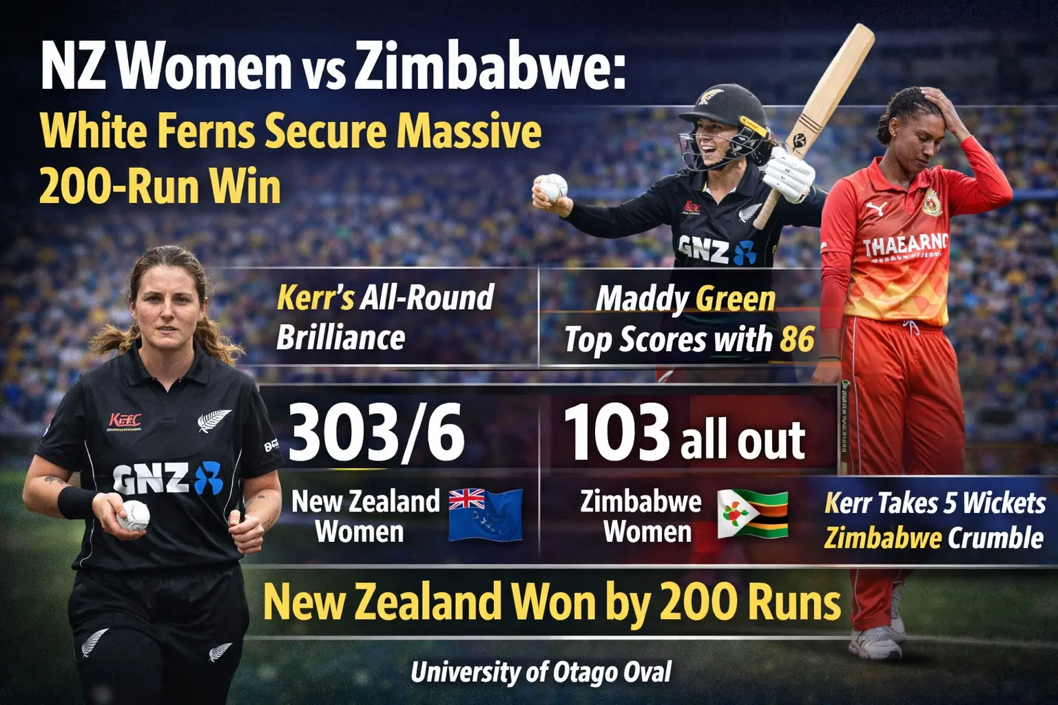 The New Zealand women's cricket team defeated the Zimbabwe women's cricket team by 200 runs